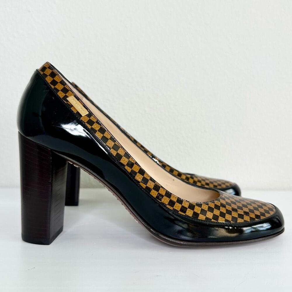 Louis Vuitton Brown and Black Checkerboard Patent Leather Block Heel Pumps
